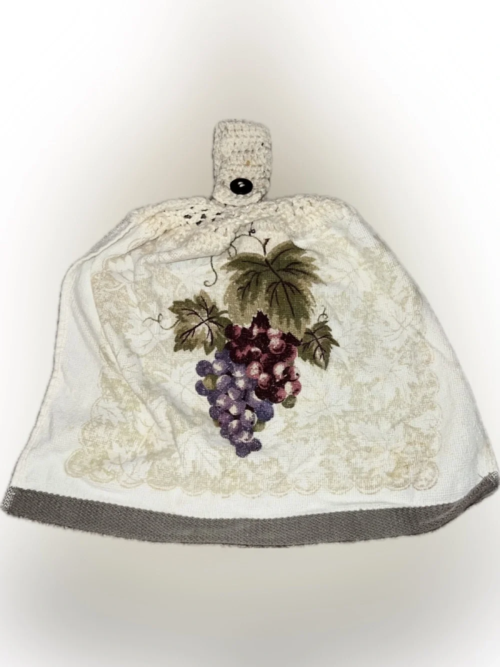 🔴Vintage Crochet Hanging Kitchen Towel Grape Vine Print Button Strap